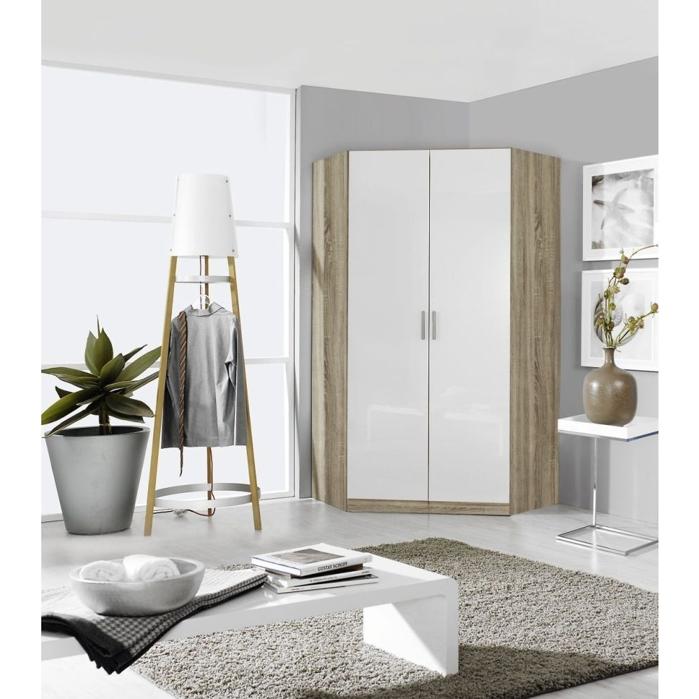 Rauch Celle 2 Mirror Door Corner Wardrobe In Sonoma Oak and High Gloss White - W 117cm
