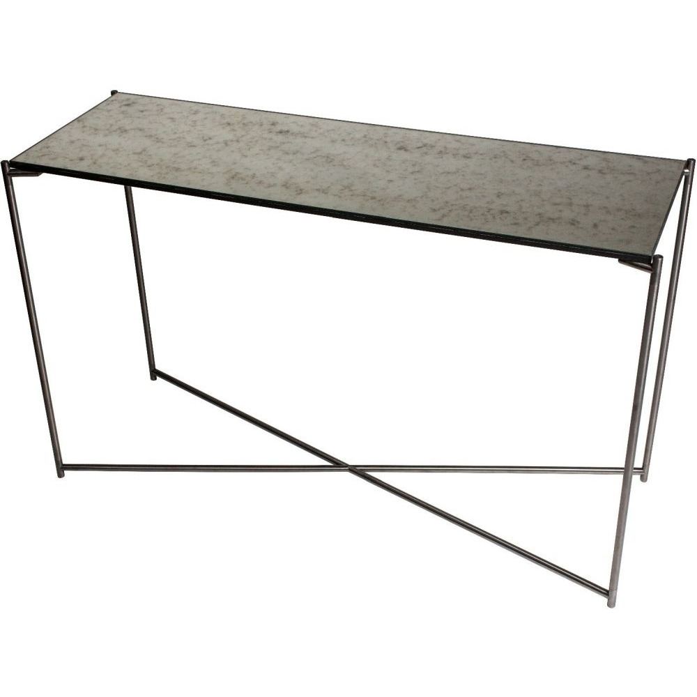 Gillmore Space Iris Antiqued Glass Top Large Console Table with Gun Metal Frame - image 1