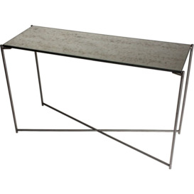 Gillmore Space Iris Antiqued Glass Top Large Console Table with Gun Metal Frame - thumbnail 1