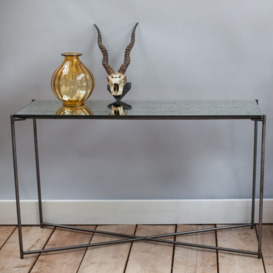 Gillmore Space Iris Antiqued Glass Top Large Console Table with Gun Metal Frame - thumbnail 2