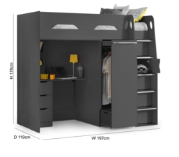 Pegasus Dark Grey High Sleeper Kids Bed - thumbnail 3