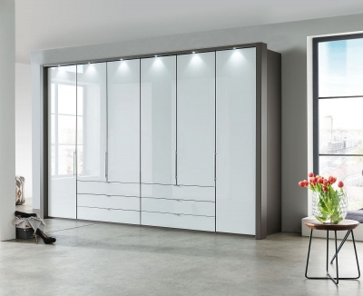 Loft 6 Door 6 Drawer Bi Fold Wardrobe in Oak and White Glass - W 300cm - image 1