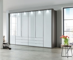 Loft 6 Door 6 Drawer Bi Fold Wardrobe in Oak and White Glass - W 300cm - thumbnail 1