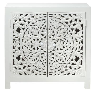 Boho White Carved Wooden Compact Small Sideboard - 2 Doors