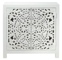 Boho White Carved Wooden Compact Small Sideboard - 2 Doors - thumbnail 1