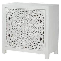 Boho White Carved Wooden Compact Small Sideboard - 2 Doors - thumbnail 3