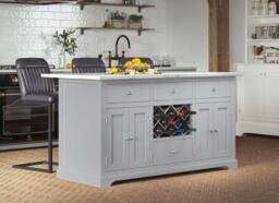 Grey Kitchen Island with White Granite Top