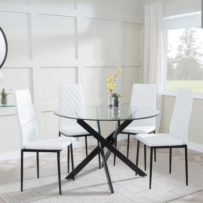 Clearance - Chopstick Clear Glass and Black Metal 4 Seater Round Dining Set - 4 Metro White Leather Chairs with Black Legs