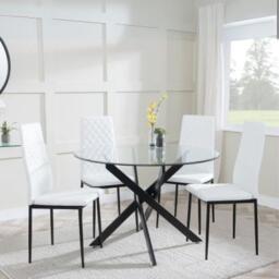 Clearance - Chopstick Clear Glass and Black Metal 4 Seater Round Dining Set - 4 Metro White Leather Chairs with Black Legs - thumbnail 1