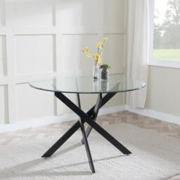 Clearance - Chopstick Clear Glass and Black Metal 4 Seater Round Dining Set - 4 Metro White Leather Chairs with Black Legs - thumbnail 2