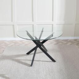 Clearance - Chopstick Clear Glass and Black Metal 4 Seater Round Dining Set - 4 Metro White Leather Chairs with Black Legs - thumbnail 3