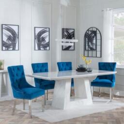 Milan White Marble Dining Set - Lion Knocker Back Blue Velvet Fabric Dining Chair with Chrome Legs