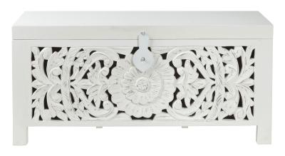 Boho White Light Distressed Carved Mango Wood Blanket Box - 1 Door - image 1