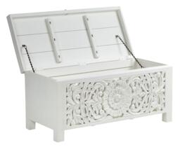 Boho White Light Distressed Carved Mango Wood Blanket Box - 1 Door - thumbnail 3