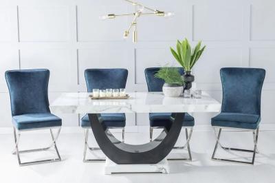 Madrid White Marble Dining Set - Lyon Blue Fabric Chairs