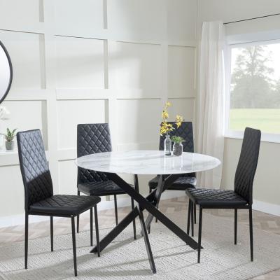 Clearance - Chopstick White Glass and Black Metal 4 Seater Round Dining Set - 4 Metro Black Leather Chairs with Black Legs