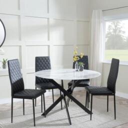 Clearance - Chopstick White Glass and Black Metal 4 Seater Round Dining Set - 4 Metro Black Leather Chairs with Black Legs - thumbnail 1