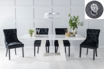 Milan White Marble Dining Set - Black Fabric Lion Head Ring Back Chairs with Black Legs