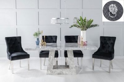 Milan Grey Marble Dining Set - Black Fabric Lion Knocker Back Chairs
