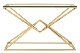 Allure  Glass Console Table with Champagne Gold Geometric Corseted Base