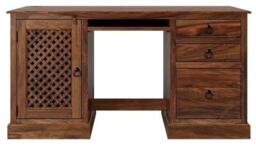 Clearance - Maharani Sheesham Computer Desk, Indian Wood, Double Pedestal, Lattice Jali Design - Filing Cabinet 1 Door with 3 Drawers - thumbnail 1