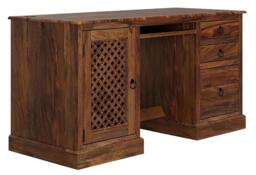Clearance - Maharani Sheesham Computer Desk, Indian Wood, Double Pedestal, Lattice Jali Design - Filing Cabinet 1 Door with 3 Drawers - thumbnail 2