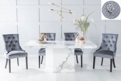 Naples White Marble Dining Set - Grey Fabric Lion Knocker Back Dining Chair with Black Legs