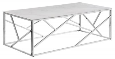Elena White Marble Effect Glass Top and Chrome Coffee Table - image 1