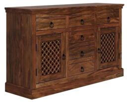 Clearance - Maharani Sheesham Sideboard, Indian Wood, 135cm Medium Cabinet, Lattice Jali Design - 2 Door with 6 Drawers - thumbnail 2