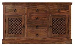 Clearance - Maharani Sheesham Sideboard, Indian Wood, 135cm Medium Cabinet, Lattice Jali Design - 2 Door with 6 Drawers - thumbnail 1