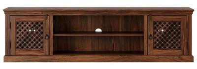 Clearance - Maharani Sheesham TV Unit, Indian Wood, Wide Cabinet 200cm, Stand Upto 75in Plasma TV, Lattice Jali Design - 2 Door with 1 Shelf
