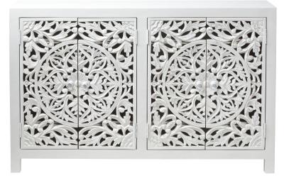 Boho White Carved Wooden Medium Sideboard -  4 Doors