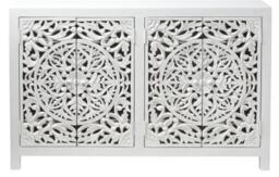 Boho White Carved Wooden Medium Sideboard -  4 Doors - thumbnail 1