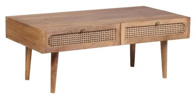 Clearance - Japandi Natural Mango Wood and Rattan 2 Drawer Coffee Table - image 1
