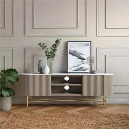 Isabella Grey TV Unit - 180cm Curved Storage Fluted - White Marble Top - thumbnail 1