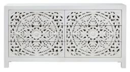 Boho White Light Distressed Carved Mango Wood Chest - 6 Drawers