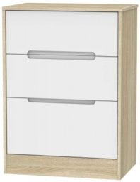 Monaco White Matt and Oak Effect 3 Drawer Deep Midi Chest