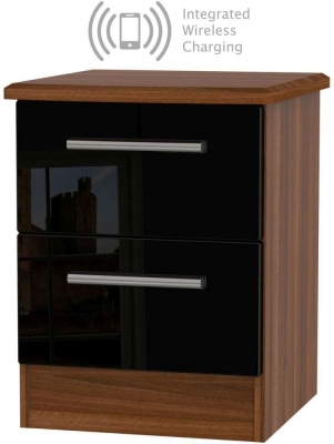 Knightsbridge Black Gloss and Walnut Effect 2 Drawer Bedside Cabinet with Wireless Charging