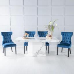 GET 2 CHAIRS FREE - Naples White Marble Dining Set - Courtney Blue Fabric Dining Chair - thumbnail 1