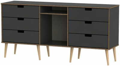 Shanghai Graphite 6 Drawer TV Unit with Natural Wooden Legs