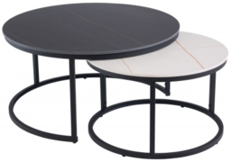 Ferrante Set of 2 Round Coffee Table - White and Black Sintered Stone Top with Black Powder Coated Base