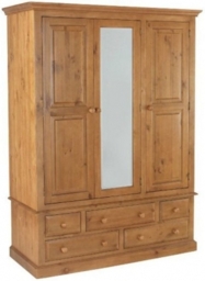 Henbury Lacquered Pine Combi Wardrobe, 3 Doors Mirror Front with 5 Drawers