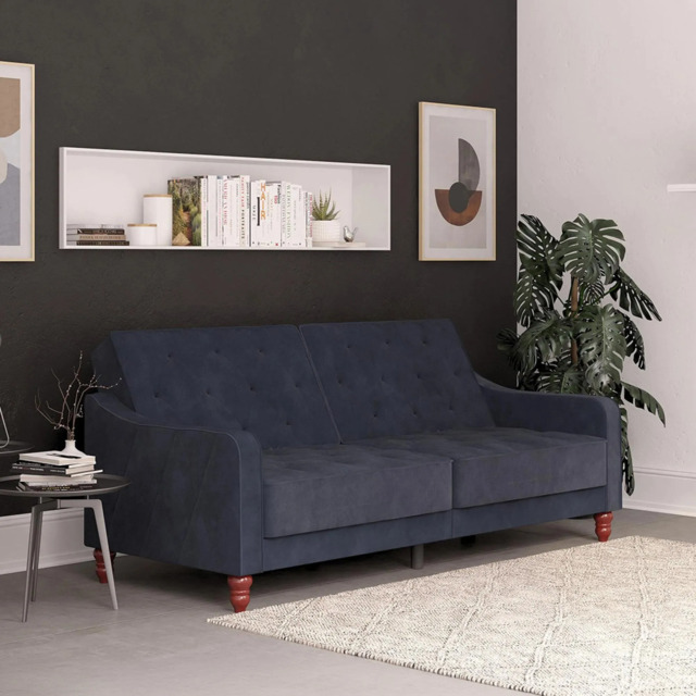Novogratz Vintage Tufted Futon Sofa Bed - Blue Velvet Fabric - 2238679NUK