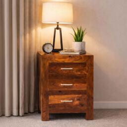 Cube Sheesham 3 Drawer Bedside Cabinet - thumbnail 1
