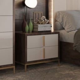 Meridian Glossy Ivory and Brown 2 Drawer Italian Bedside Cabinet