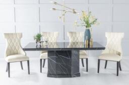 Naples Marble Dining Table Set, Rectangular Black Top and Pedestal Base with Mimi Cream Faux Leather Chairs