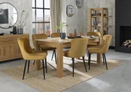 Bentley Designs Turin Light Oak 6-8 Seater Extending Dining Table with 6 Cezanne Mustard Velvet Chairs - Black Legs