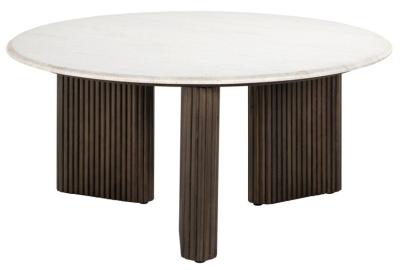 Mayfield White Marble Top Round Coffee Table - Dark Wood Fluted Base
