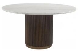 Mayfield White Marble Top 6 Seater Round Dining Table - Dark Wood Fluted Pedestal Base