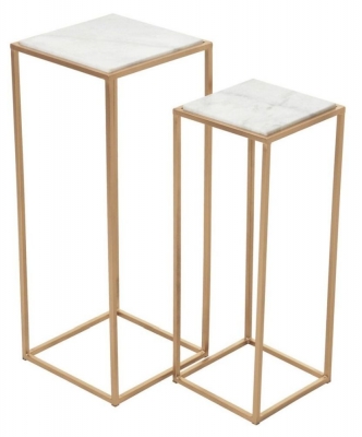 Mandoli Set of 2 White Marble and Gold Square Side Table - image 1